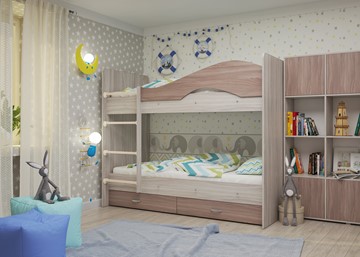 Детская 2-ярусная кровать Мая с 2 ящиками на щитах, корпус Шимо светлый, фасад Шимо темный в Тамбове