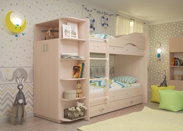 Двухэтажная кровать Мая на щитах со шкафом и ящиками, цвет Млечный дуб в Тамбове