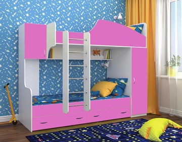 Детская кровать-шкаф Юниор-2, каркас Белое дерево, фасад Розовый в Тамбове