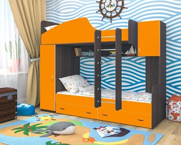 Детская кровать-шкаф Юниор-2, каркас Ясень анкор темный, фасад Оранжевый в Тамбове