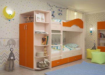 Детская двухъярусная кровать ТМК Мая на щитах со шкафом и ящиками, корпус Млечный дуб, фасад Оранжевый в Тамбове