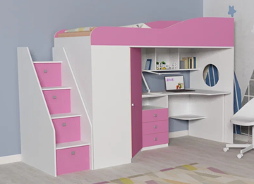 Детская кровать-шкаф Кадет-1 с универсальной лестницей, корпус Белое дерево, фасад Розовый в Тамбове