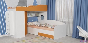 Детская кровать-шкаф Кадет-2 с металлической лестницей, корпус Белое дерево, фасад Оранжевый в Тамбове