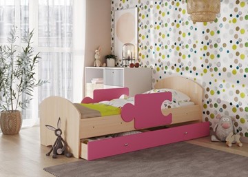Детская кровать с бортиками и ящиком Мозайка, корпус Млечный дуб/фасад Розовый (ламели) в Тамбове
