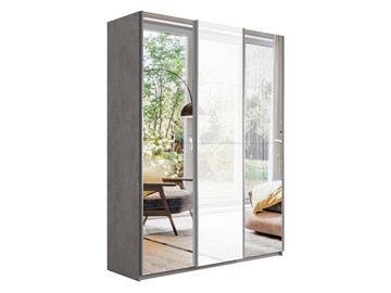 Шкаф 3-х дверный Широкий Прайм (2 Зеркала / Стекло белое) 2400x570x2300, Бетон в Тамбове