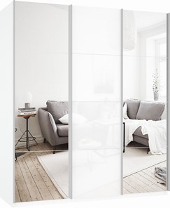 Шкаф трехдверный Прайм (Зеркало/Белое стекло/Зеркало) 1800x570x2300, белый снег в Тамбове
