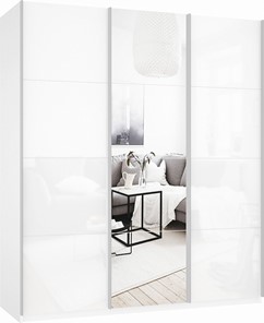 Шкаф трехстворчатый Прайм (Белое стекло/Зеркало/Белое стекло) 2100x570x2300, белый снег в Тамбове