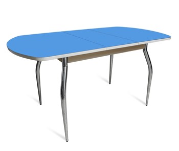Кухонный стол раскладной ПГ-07 СТ2, дуб молочный/синие стекло/35 хром гнутые металл в Тамбове