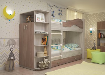 Двухэтажная детская кровать Мая на щитах со шкафом и ящиками, корпус Шимо светлый, фасад Шимо темный в Тамбове - предосмотр
