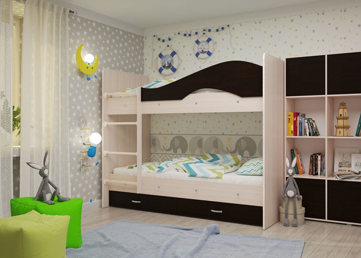 Детская  двухъярусная кровать Мая с 2 ящиками на щитах, корпус Млечный дуб, фасад Венге в Тамбове - изображение 1