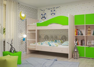 Двухъярусная детская кровать Мая на щитах со шкафом и ящиками, корпус Млечный дуб, фасад Салатовый в Тамбове - предосмотр 2