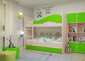 Двухъярусная детская кровать Мая на щитах со шкафом и ящиками, корпус Млечный дуб, фасад Салатовый в Тамбове - предосмотр 1