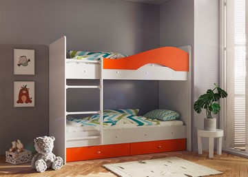 Детская двухэтажная кровать Мая с 2 ящиками на щитах, корпус Млечный дуб, фасад Оранжевый в Тамбове - предосмотр