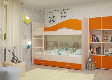 Детская двухэтажная кровать Мая с 2 ящиками на щитах, корпус Млечный дуб, фасад Оранжевый в Тамбове - предосмотр 3