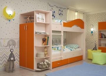 Детская двухэтажная кровать Мая с 2 ящиками на щитах, корпус Млечный дуб, фасад Оранжевый в Тамбове - предосмотр 1