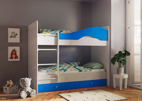 Кровать 2-ярусная Мая с 2 ящиками на щитах, корпус Млечный дуб, фасад Синий в Тамбове - изображение