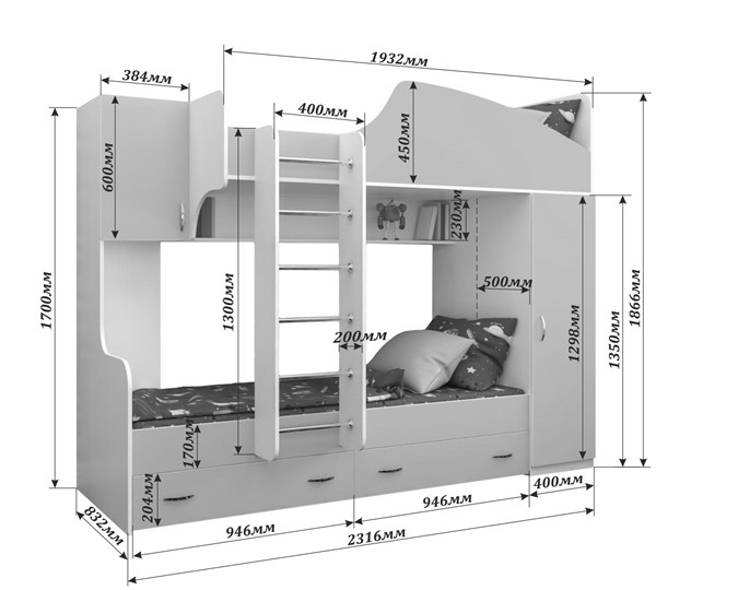 Кровать 2-ярусная Юниор-2, каркас Белое дерево, фасад Лайм в Тамбове - изображение 1