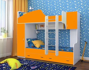 Детская двухэтажная кровать Юниор-2, каркас Белое дерево, фасад Оранжевый в Тамбове - предосмотр