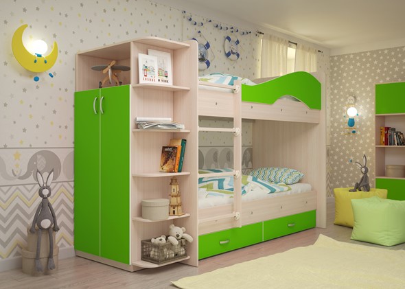 Двухъярусная детская кровать Мая на щитах со шкафом и ящиками, корпус Млечный дуб, фасад Салатовый в Тамбове - изображение