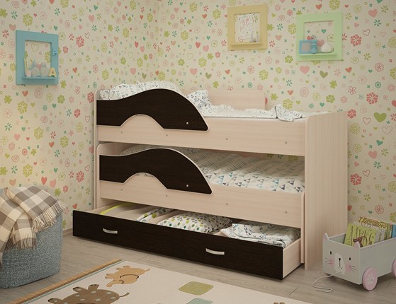 Детская 2-этажная кровать Радуга 1.6 с ящиком, корпус Млечный дуб, фасад Венге в Тамбове - изображение