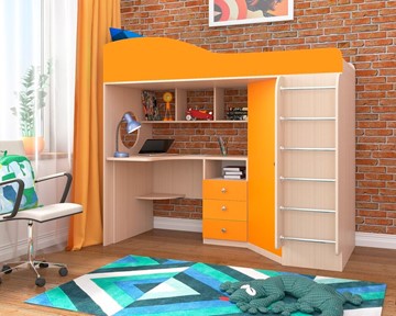 Кровать-чердак в детскую Кадет-1 с металлической лестницей, корпус Дуб, фасад Оранжевый в Тамбове - предосмотр