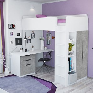 Кровать детская с письменным столом и шкафом POLINI Kids Simple Белый / Бетон в Тамбове - предосмотр 1