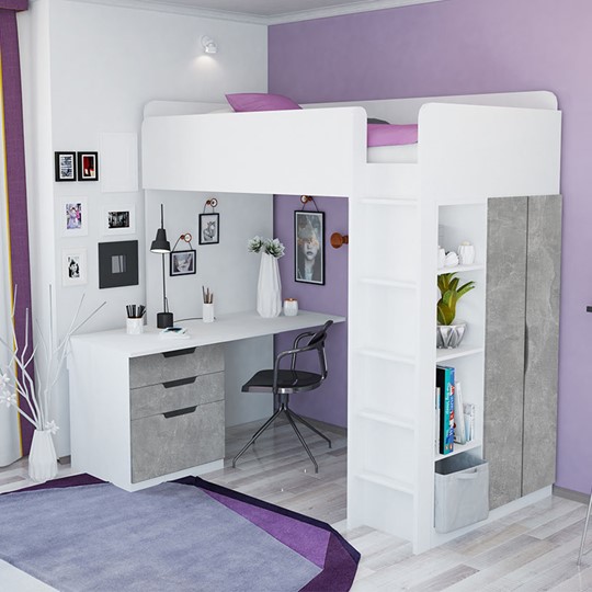 Кровать детская с письменным столом и шкафом POLINI Kids Simple Белый / Бетон в Тамбове - изображение 1
