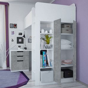Кровать детская с письменным столом и шкафом POLINI Kids Simple Белый / Бетон в Тамбове - предосмотр 2