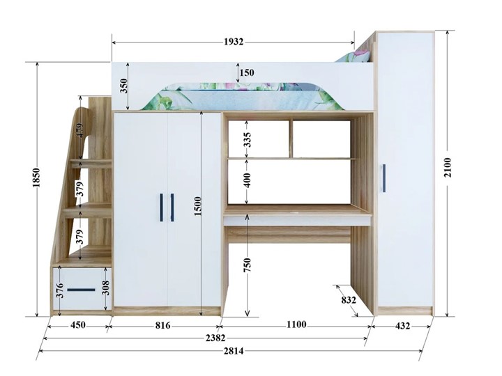 Кровать-чердак с шкафом Тея, каркас Винтерберг, фасад Зира в Тамбове - изображение 1