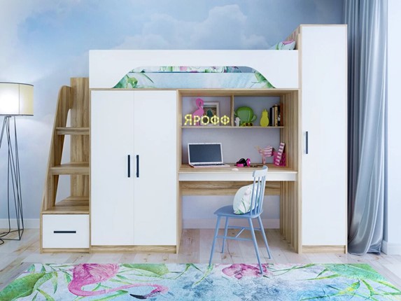 Кровать-чердак детская с шкафом Тея, каркас Ясень, фасад Белый в Тамбове - изображение