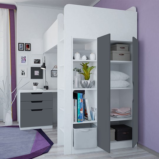 Детская кровать с письменным столом и шкафом POLINI Kids Simple Белый / Серый в Тамбове - изображение 1