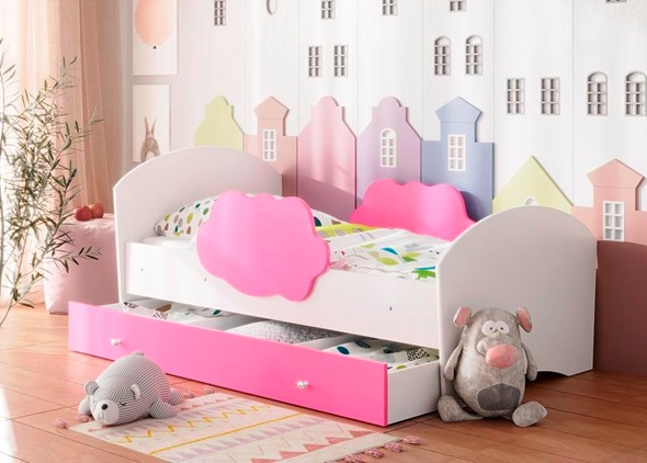 Кровать с бортиками Тучка с ящиком, корпус Белый, фасад Розовый в Тамбове - изображение
