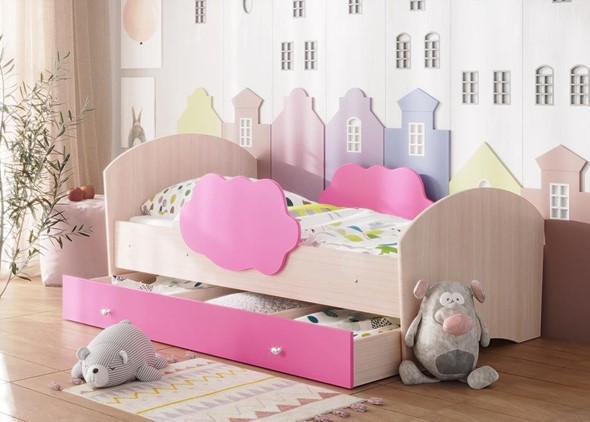 Кровать с бортиками Тучка с ящиком, корпус Дуб млечный, фасад Розовый в Тамбове - изображение