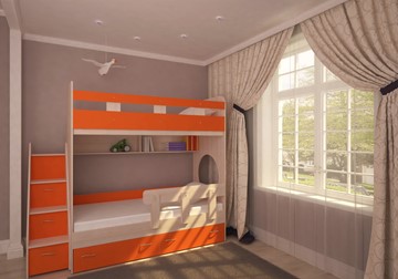 Детская 2-х ярусная кровать Юниор-1 с бортом, каркас Дуб, фасад Оранжевый в Тамбове - предосмотр