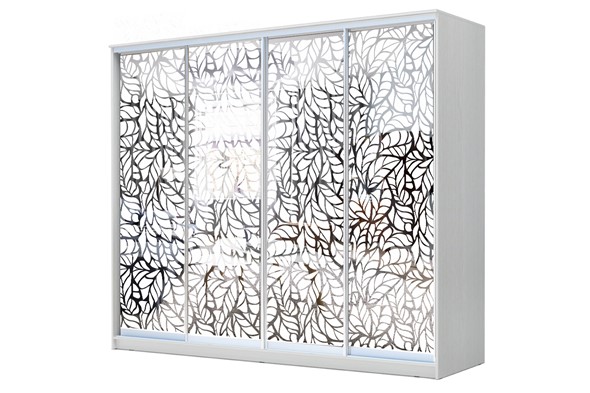 Шкаф 4-х дверный 22-24/2-6666, Пескоструйный рисунок "Лист", Белый в Тамбове - изображение