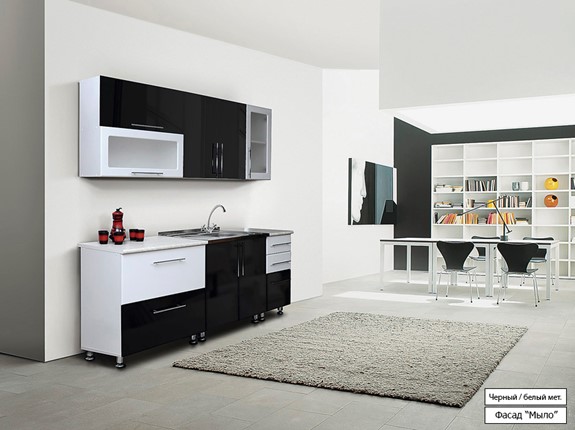 Кухонный гарнитур Мыло 224 2000х718, цвет Черный/Белый металлик в Тамбове - изображение