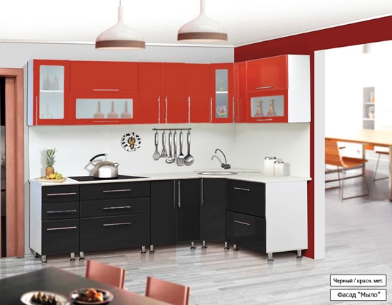 Угловой кухонный гарнитур Мыло 224 2600х1600, цвет Черный/Красный металлик в Тамбове - изображение