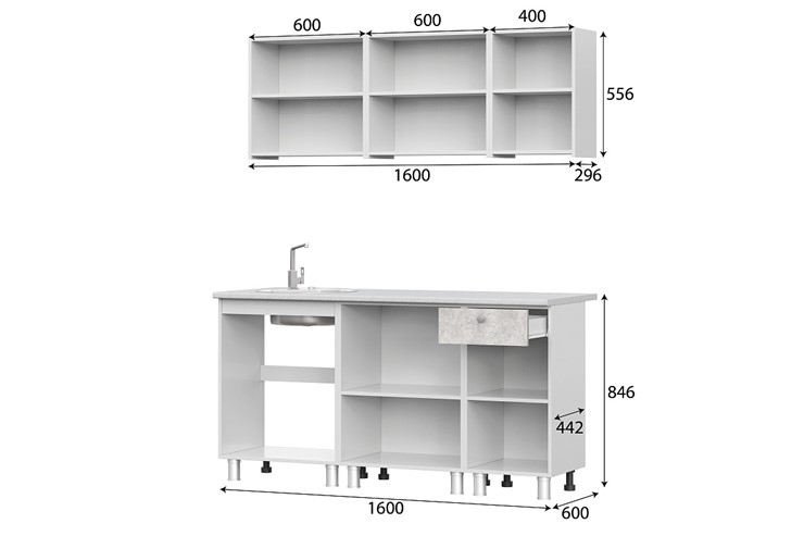 Кухонный гарнитур КГ-1 1600, белый/белый/цемент светлый/антарес в Тамбове - изображение 2