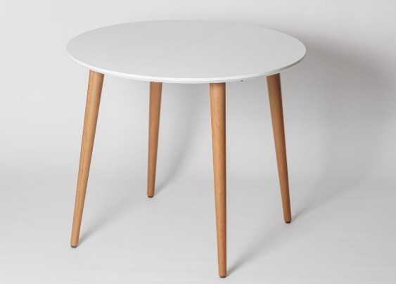 Кухонный раздвижной круглый стол Белая Эмаль д. 100 см МДФ ножки светлый орех в Тамбове - изображение