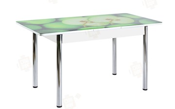 Кухонный стол раскладной Айсберг-01 СТФ, белый/фотопечать зеленые яблоки/ноги хром круглые в Тамбове