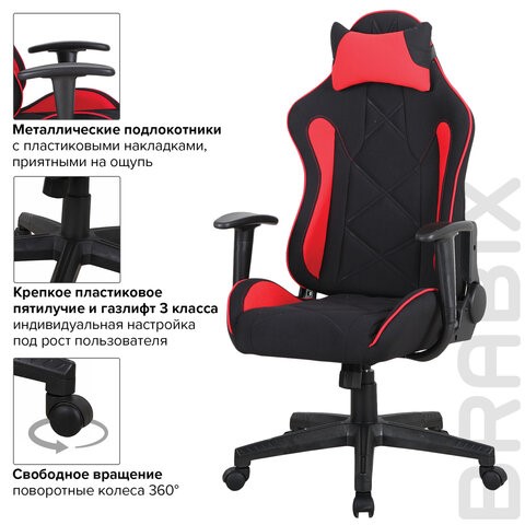 Кресло компьютерное Brabix GT Racer GM-100 (подушка, ткань, черное/красное) 531820 в Тамбове - изображение 12