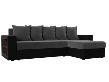 Угловой диван с оттоманкой Дубай Лайт, Серый/Черный (велюр/экокожа) в Тамбове
