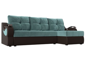 Угловой диван с оттоманкой Меркурий, Бирюзовый/Коричневый (велюр/экокожа) в Тамбове