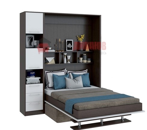 Кровать-шкаф с диваном Бела 1, с полкой ножкой с 1 пеналом, 1600х2000, венге/белый в Тамбове - изображение