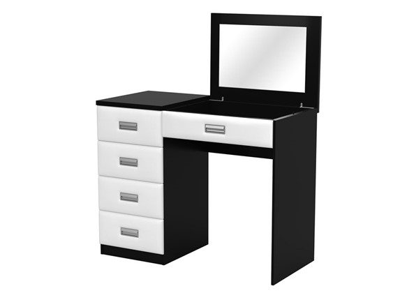 Косметический стол Como/Veda, с зеркалом, 4 ящика, левый, ЛДСП черный/экокожа белая в Тамбове - изображение