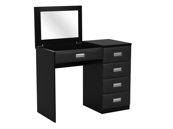 Столик косметический Como/Veda, с зеркалом, 4 ящика, правый, ЛДСП черный/экокожа черная в Тамбове - изображение