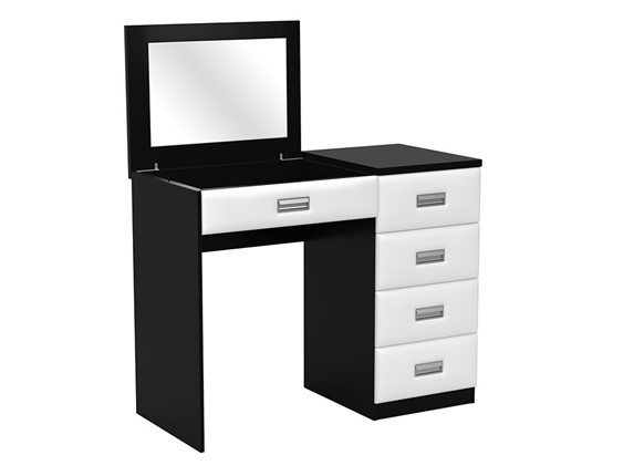 Косметический столик Como/Veda, с зеркалом, 4 ящика, правый, ЛДСП черный/экокожа белая в Тамбове - изображение