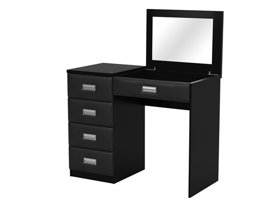 Косметический столик Como/Veda, с зеркалом, 4 ящика, левый, ЛДСП черный/экокожа черная в Тамбове - изображение