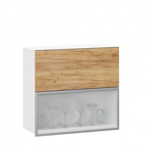 Кухонный навесной шкаф 800 горизонтальный, Шервуд, ЛД 281.981.000.137, со стеклом, белый/дуб золотой в Тамбове