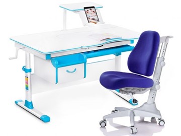 Комплект растущая парта + стул Mealux EVO Evo-40 BL (арт. Evo-40 BL + Y-528 SB) / (стол+полка+кресло) / белая столешница / цвет пластика голубой в Тамбове